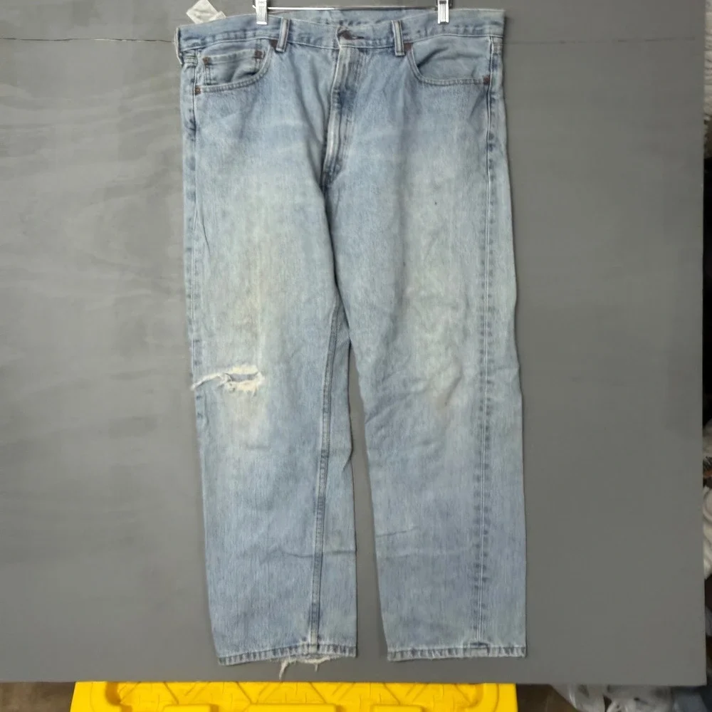 Levis 505 Regular Fit Straight Leg Jeans Mens 40x29 Light Wash Distressed Blue